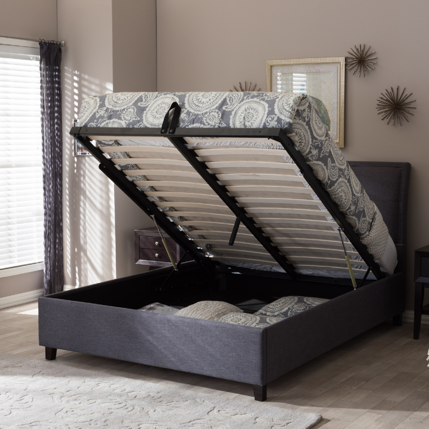 Baxton BBT6572 Dark Grey Queen Storage Bed Lea Queen Storage